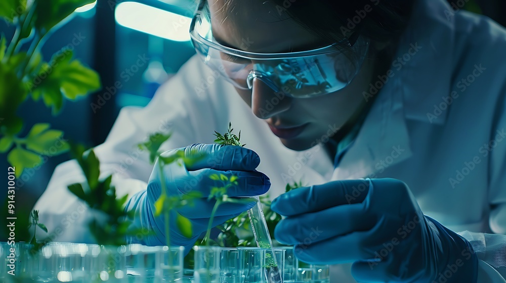 Poster close-up of a scientist examining a plant in a laboratory setting