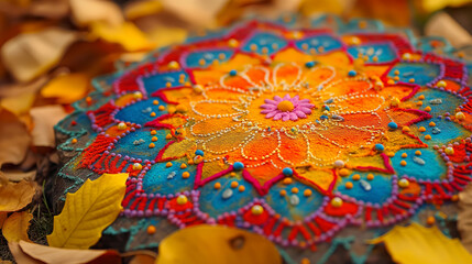 A beautiful Rangoli design featuring vibrant colors and intricate patterns, surrounded by autumn leaves. The combination of traditional art with the seasonal theme creates a  festive display