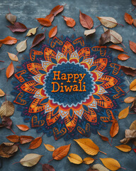 Rangoli design, vibrant colors, intricate patterns, autumn leaves, Happy Diwali, mandala, geometric shapes, light orange, dark red, circular pattern, festive, Indian festival, decoration, celebration,
