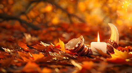 A candle and a bone are on a pile of leaves