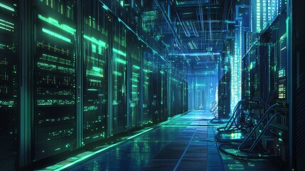 Futuristic Server Room with Glowing Green Lights