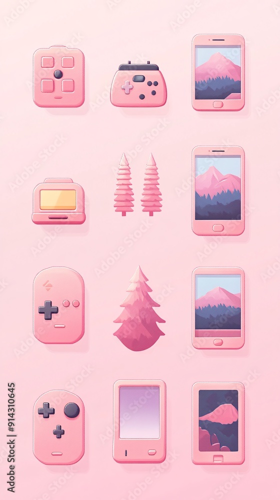 Poster Clean-lined flat design icons and symbols in pastel tones with high detail minimalistic style Stock Photo with copy space