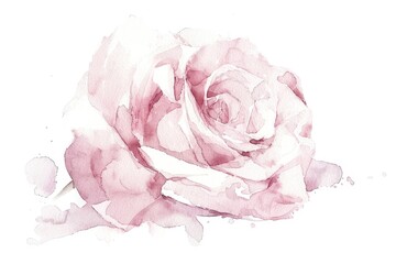 Elegant watercolor painting of a single pink rose with delicate petals, set against a white background with ample copyspace, showcasing the beauty and simplicity of the flower,