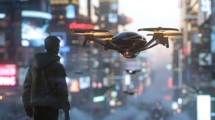 Man Watching Drone Fly Over City