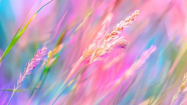 Colorful abstract close-up of grass with rainbow hues, nature background. Artistic and vibrant concept