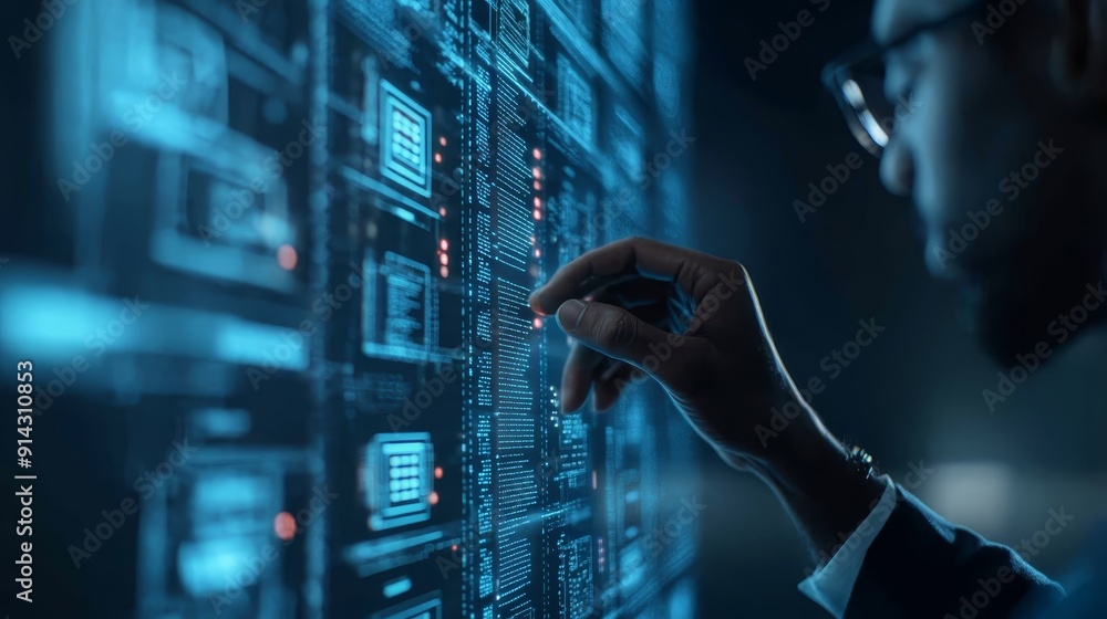 Poster engineer interacting with digital data interface