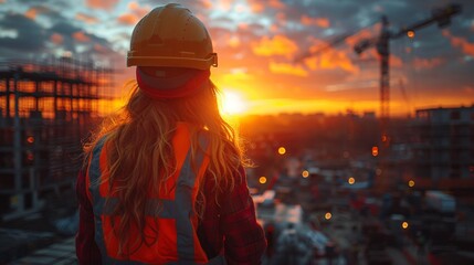 Obraz premium A construction worker in safety gear watches the vibrant sunset casting golden hues over the urban skyline while overseeing ongoing work at the construction site