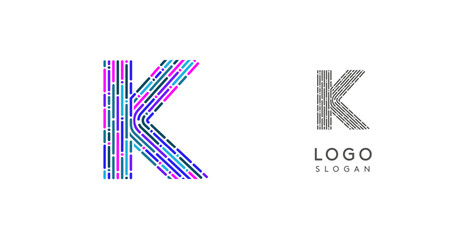 Colorful abstract letter K logo design with futuristic circuit pattern. Ideal for tech companies, digital media, software, apps, networking, branding. Vector illustration.