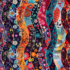 A colorful floral print with a variety of flowers and leaves