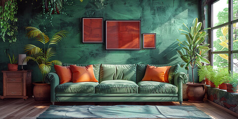Modern living room with green walls, a plush green sofa with orange accent pillows, wooden furniture, and framed artwork.