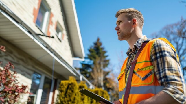 A real estate appraiser inspecting a house with a clipboard and measuring tape