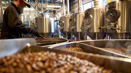 Close-up of malt grains in a brewery with brewing equipment and a worker in the background.