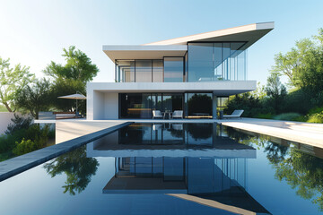 Fototapeta premium Stunning Modern Luxury Home with Large Swimming Pool and Sleek Architectural Design in a Lush Landscape at Sunset