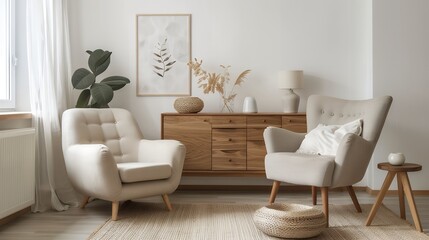 Elegant Beige Sofa and Armchair Setup with Sunlit Window View Perfect Living Room Decor