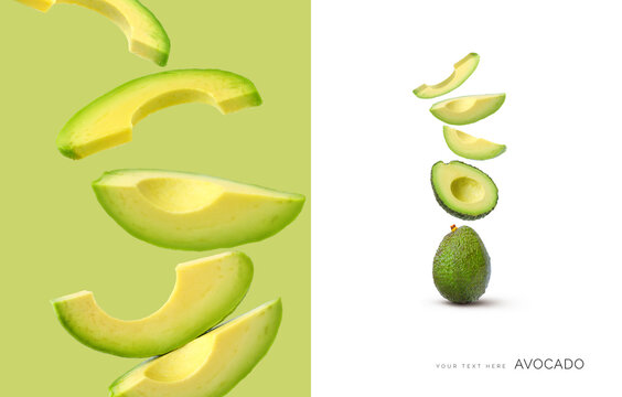 Creative layout made of avocado on the white and green background. Food concept. Macro concept.