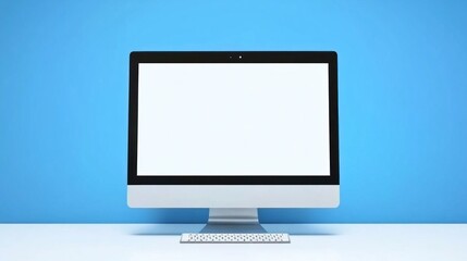 Fototapeta premium A computer with a white-screen mockup on a white table against the blue wall in a modern room, minimal papercut illustration