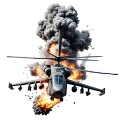 Exploded amilitary helicopter from a missile hit isolated on the transparent backgrrond