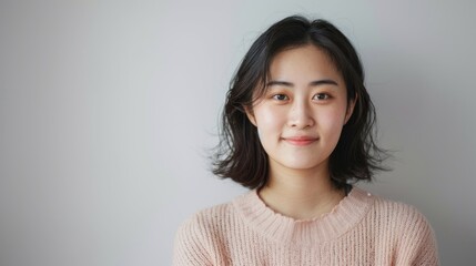 Fototapeta premium Portrait of an Asian individual with radiant, healthy skin, smiling gently