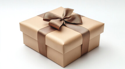 Beautiful gift in craft paper tied with a ribbon sitting on a white background	