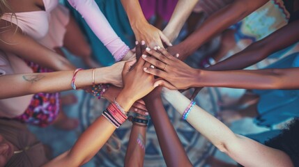 Women of various backgrounds joining hands in a circle, representing unity
