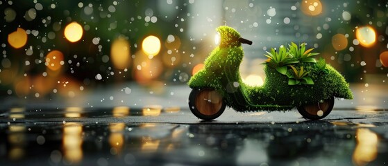 Eco-friendly green scooter covered in moss and plants, parked on a wet street with glowing bokeh lights in the background.