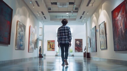 A visitor strolls through a bright art gallery, admiring the diverse artworks on display