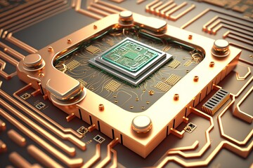 Closeup of a computer chip on a circuit board.
