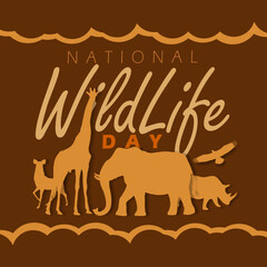 Naklejka premium ​National Wildlife Day event animal banner. A text with icons of giraffe, elephant, rhino, eagle and deer on brown background to celebrate on September 4th