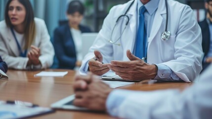 A hospital administrator leading a meeting on patient care strategies