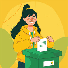 Confident female voter placing ballot in box, bright yellow background, positive vibe.

