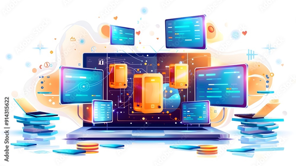 Poster laptop with multiple devices connected, digital network concept.