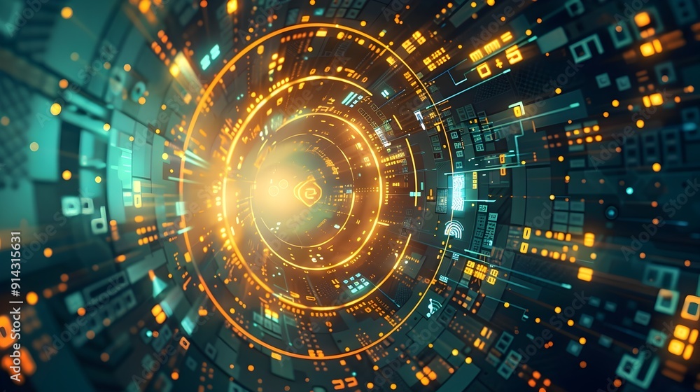 Poster abstract technology background with glowing circles and data.