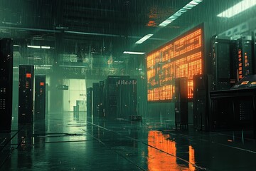 Wet Server Room with Orange Digital Display