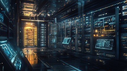 Futuristic Server Room with Illuminated Panels and Monitors