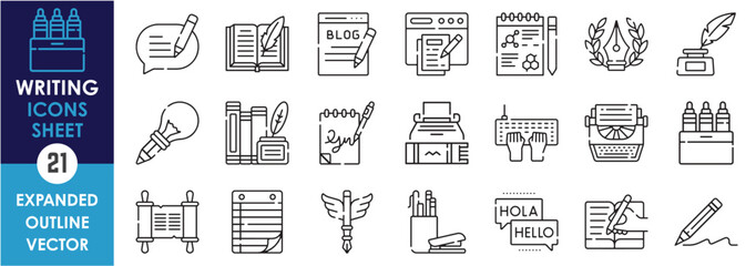 A set of line icons related to Writing. Comment, typewriter, idea, pencil, pen, paper, typing, letter, translator, scribble, stationery, and so on. Vector outline icons set.