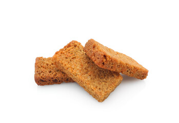 Rye croutons isolated on white background, homemade brown bread rusks, roasted salted snack 