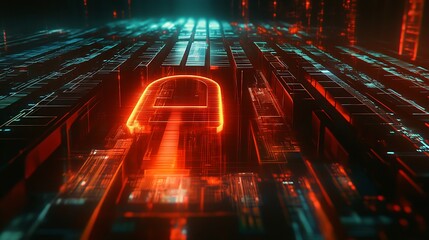 Glowing Padlock Icon in a Digital Grid
