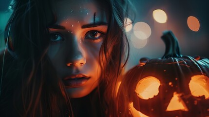 a woman holding a lit up pumpkin in her hand