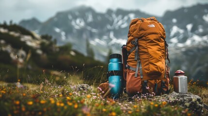 Fototapeta premium Close-up of a trekking backpack with essential gear.