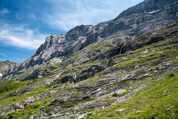 Eiger trail, hiking near the famous mountain of the Bernese Swiss Alps, overlooking Grindelwald Bernese Oberland of Switzerland