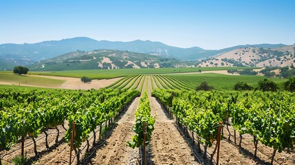 Vineyard Rows Leading to Mountains