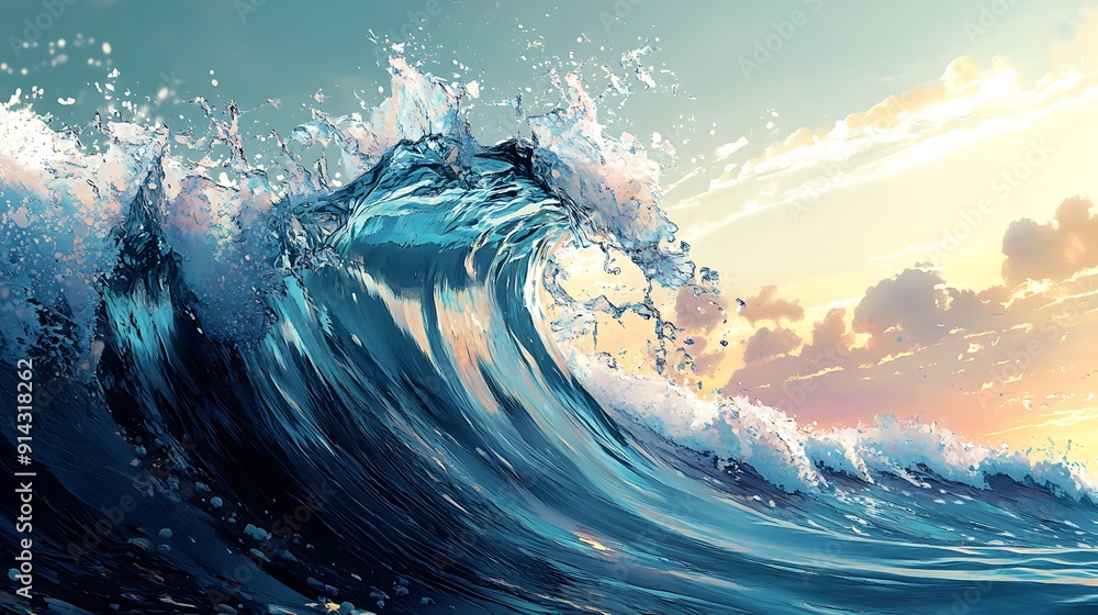 Poster breaking ocean wave with splashes and clouds