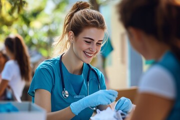 Dedicated Medical Volunteer Engaged in Patient Care at Community Health Fair During Bright Sunny Day