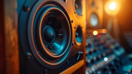a close up of a speaker with a light in the background
