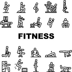 fitness exercises arm workout icons set vector. body sport, training gym, arm healthy, yoga woman person fit, fitness athlete active fitness exercises arm workout black contour illustrations