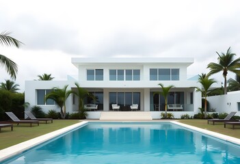 Fototapeta premium Exterior of A modern, two-story white house with a swimming pool in the foreground, surrounded by a paved patio area. The house has large windows and a minimalist, contemporary architectural style. 