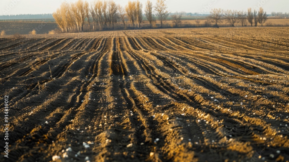 Poster A field of dirt with a few trees in the background