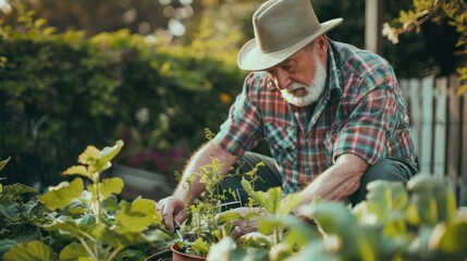 Happy retiree gardening in their backyard.