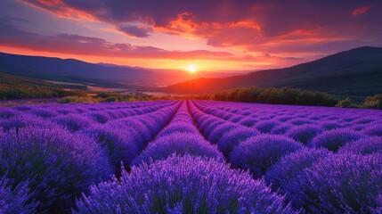 Scenic view of a lavender field in full bloom at sunset