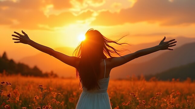 Happy woman standing with her back on sunset in nature with open hands.